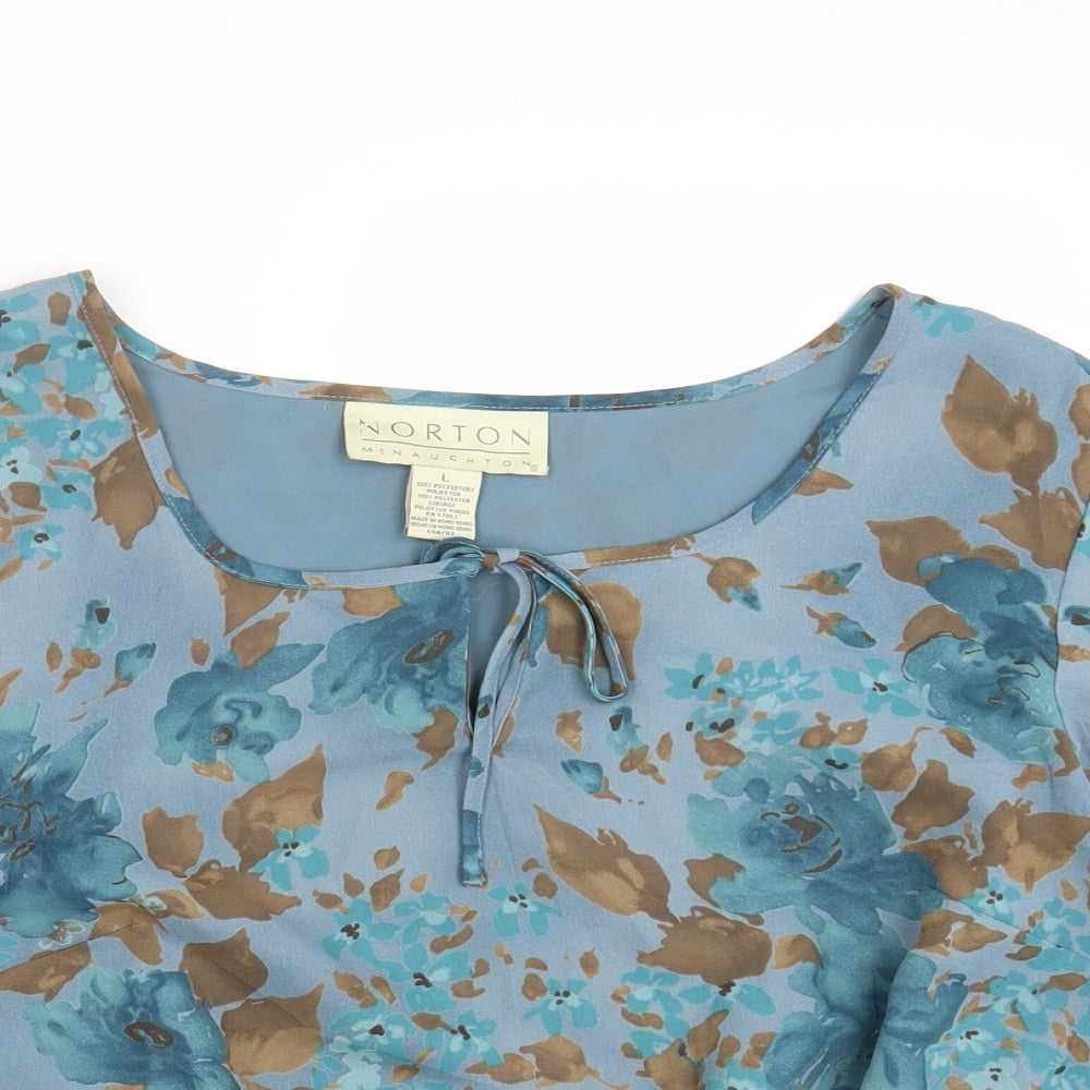 Norton Womens Blue Floral Polyester Basic T-Shirt Size L Round Neck