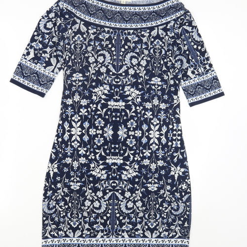 Max Studio Womens Blue Geometric Polyester Bodycon Size S Scoop Neck Pullover