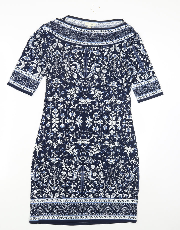 Max Studio Womens Blue Geometric Polyester Bodycon Size S Scoop Neck Pullover