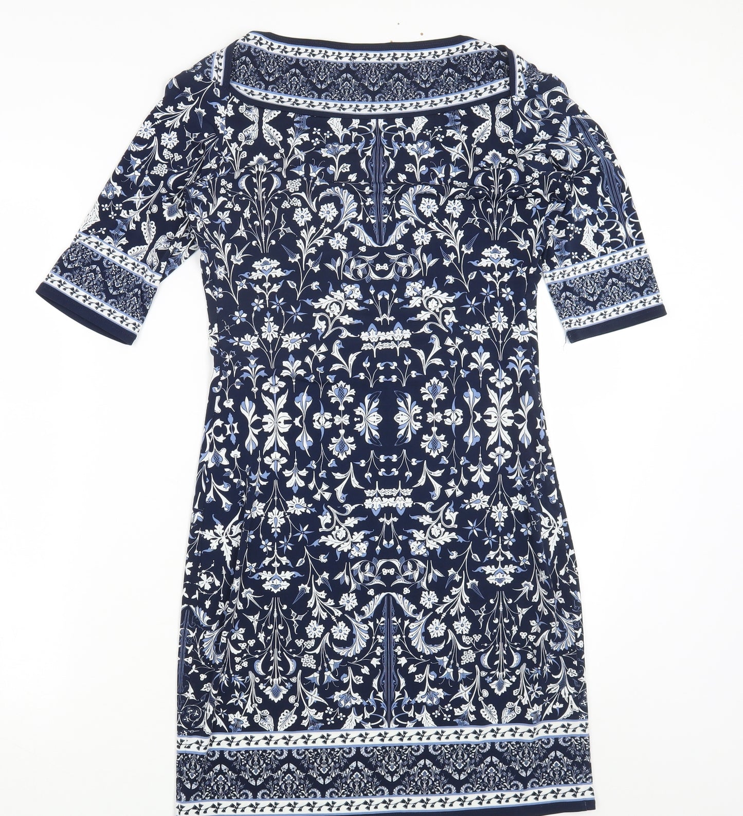 Max Studio Womens Blue Geometric Polyester Bodycon Size S Scoop Neck Pullover