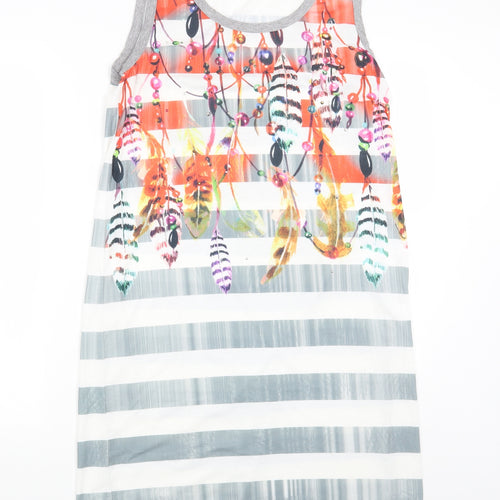 BLEU DAZUR Womens Multicoloured Geometric Cotton A-Line Size 14 Round Neck Pullover - Feather
