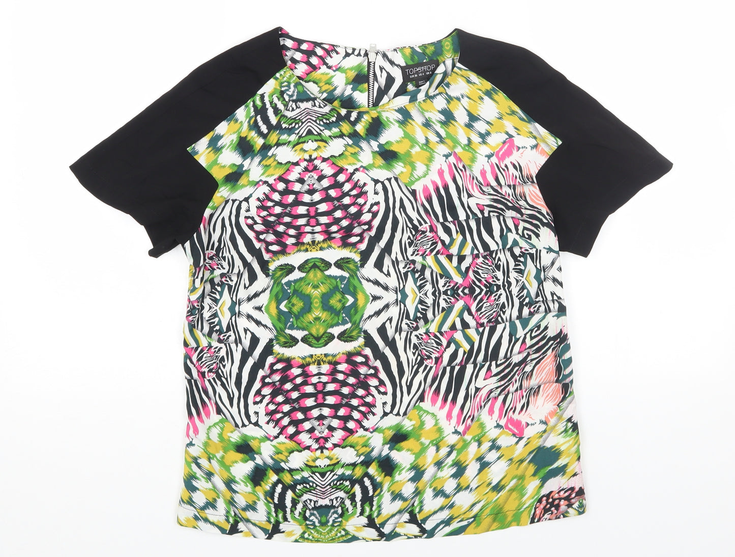 Topshop Womens Multicoloured Geometric Polyester Basic T-Shirt Size 8 Round Neck