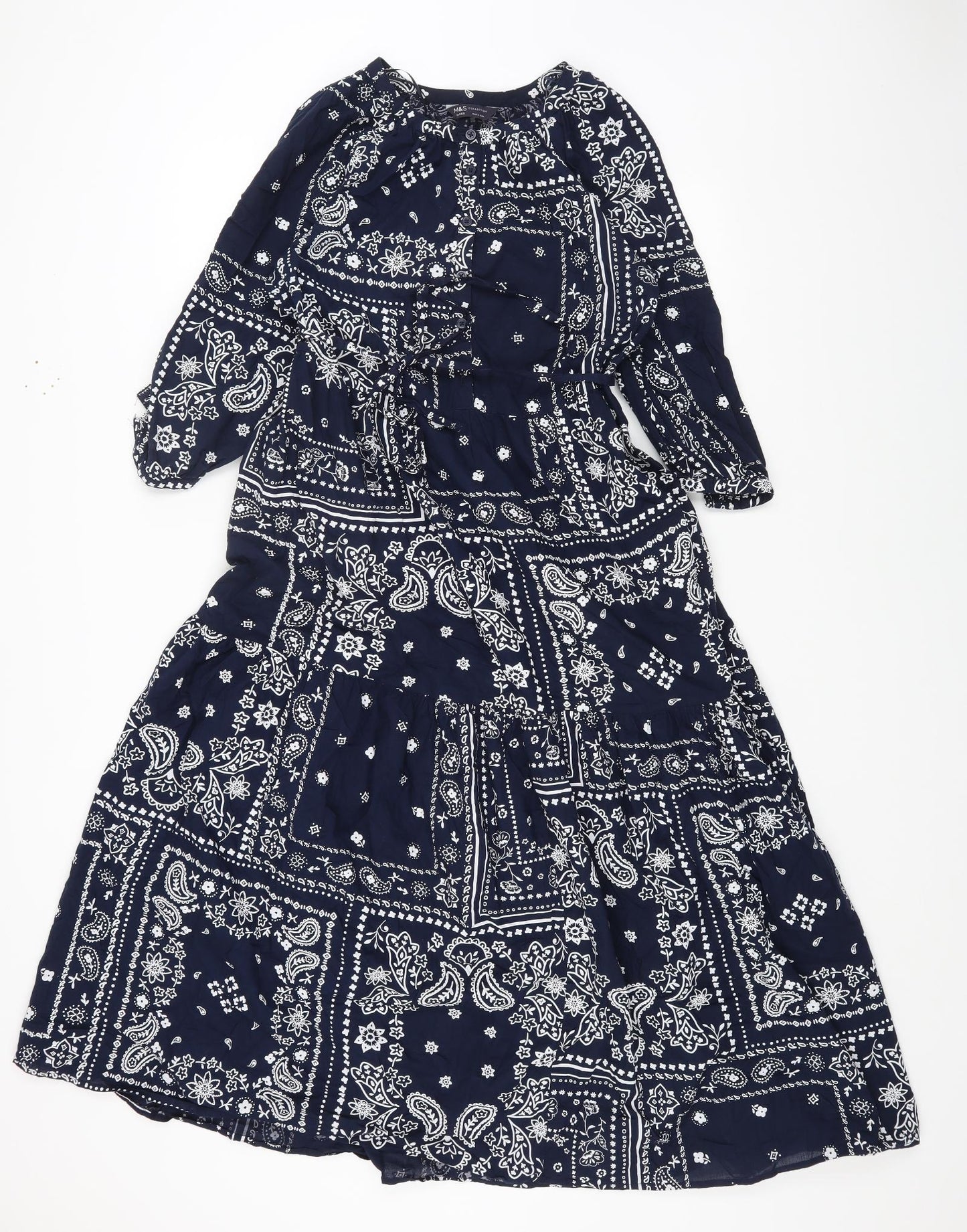 Marks and Spencer Womens Blue Geometric Cotton Maxi Size 10 Round Neck Button