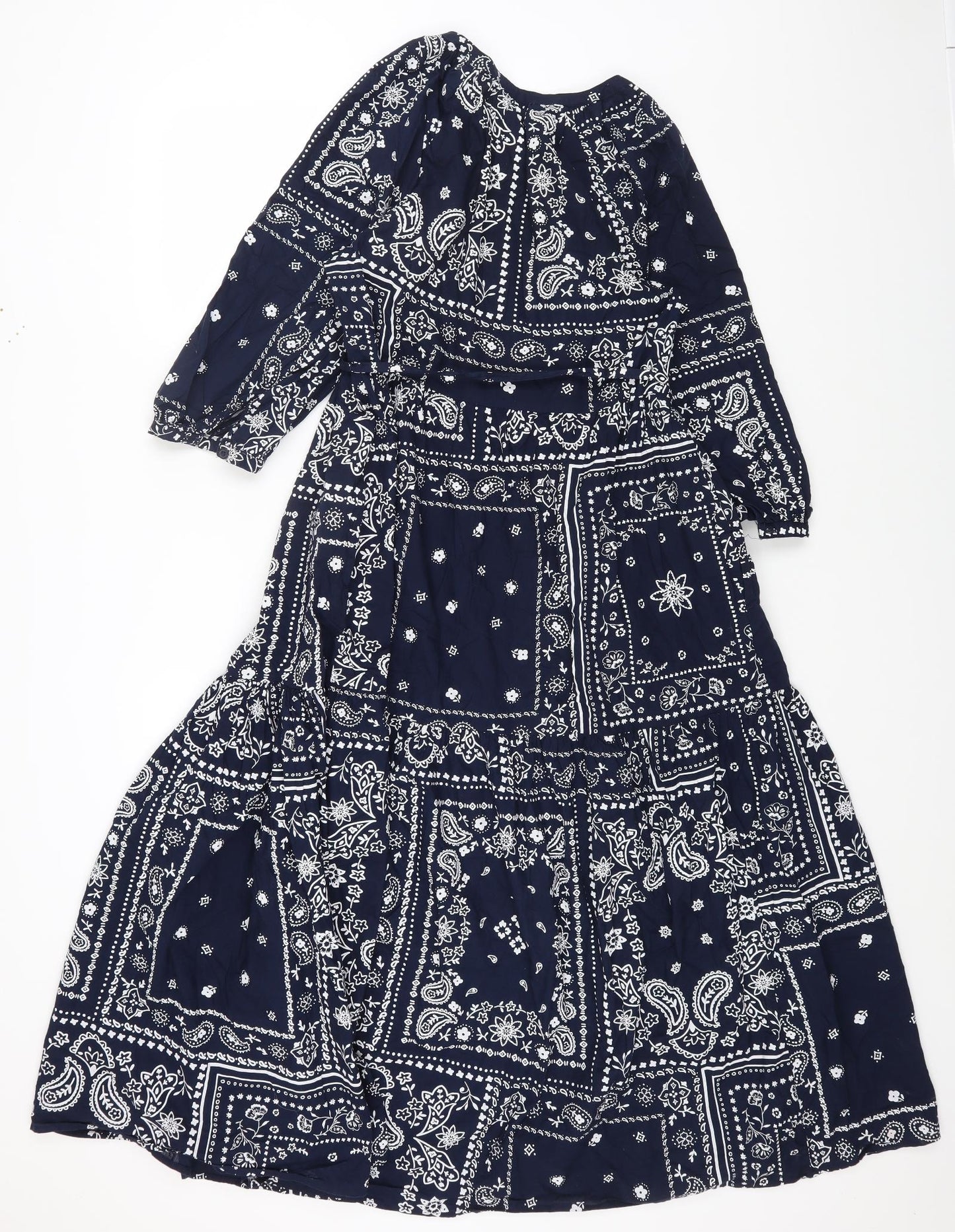 Marks and Spencer Womens Blue Geometric Cotton Maxi Size 10 Round Neck Button