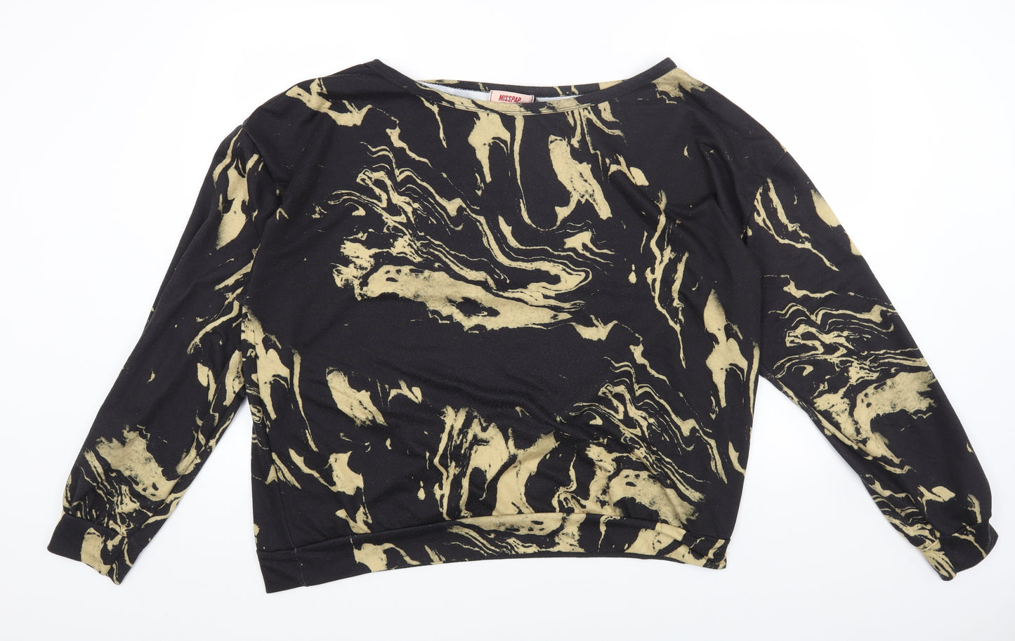 Misspap Womens Black Geometric Polyester Basic T-Shirt Size 14 Round Neck