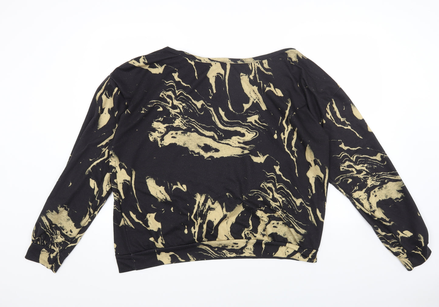 Misspap Womens Black Geometric Polyester Basic T-Shirt Size 14 Round Neck