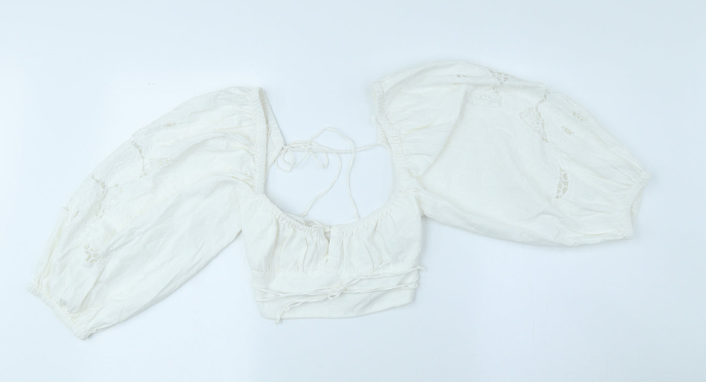 Zara Womens White Polyester Cropped Blouse Size XS Off the Shoulder - Balloon Sleeve