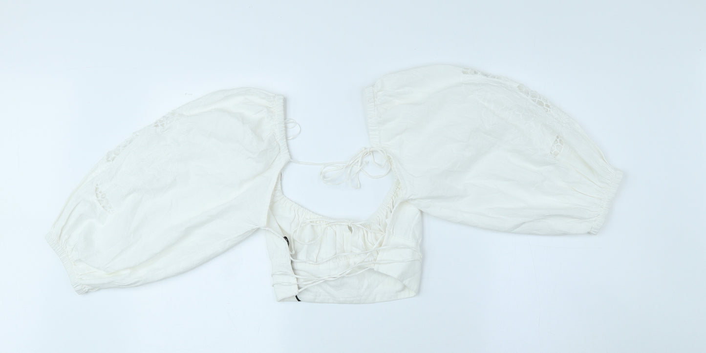 Zara Womens White Polyester Cropped Blouse Size XS Off the Shoulder - Balloon Sleeve