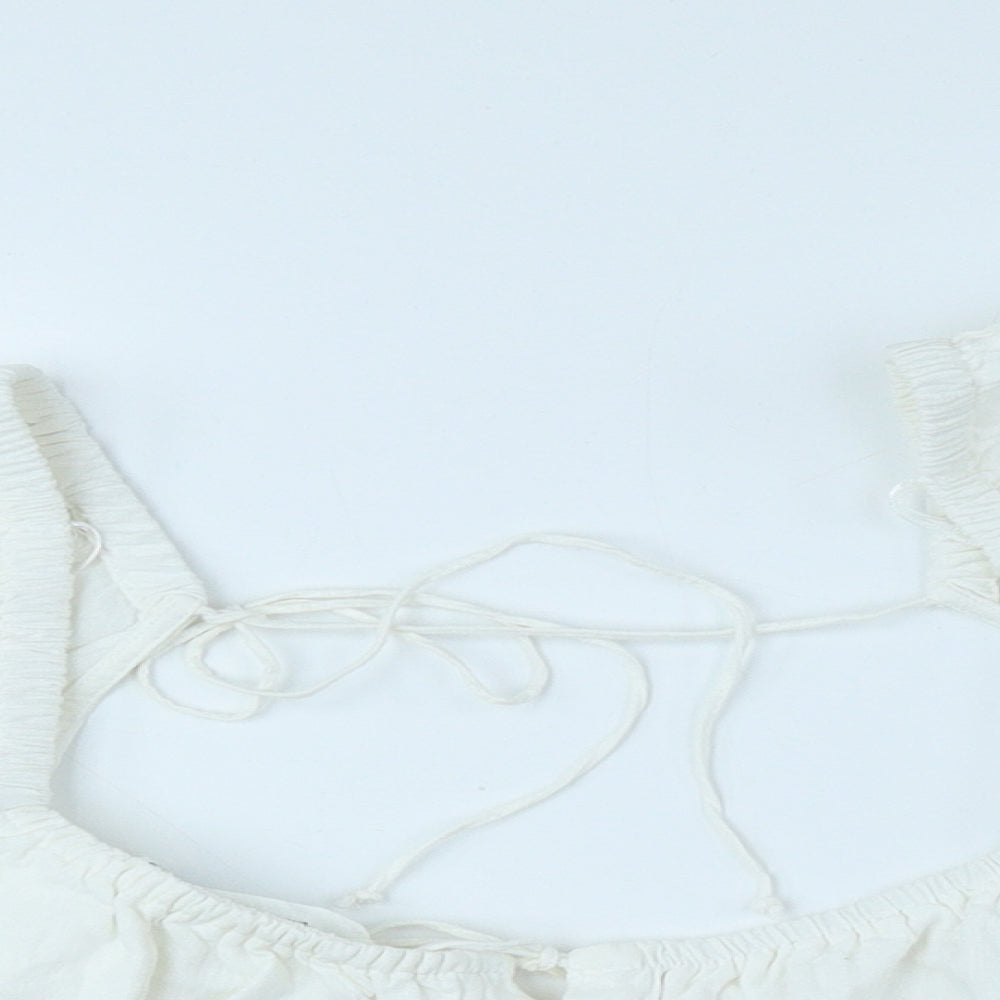 Zara Womens White Polyester Cropped Blouse Size XS Off the Shoulder - Balloon Sleeve