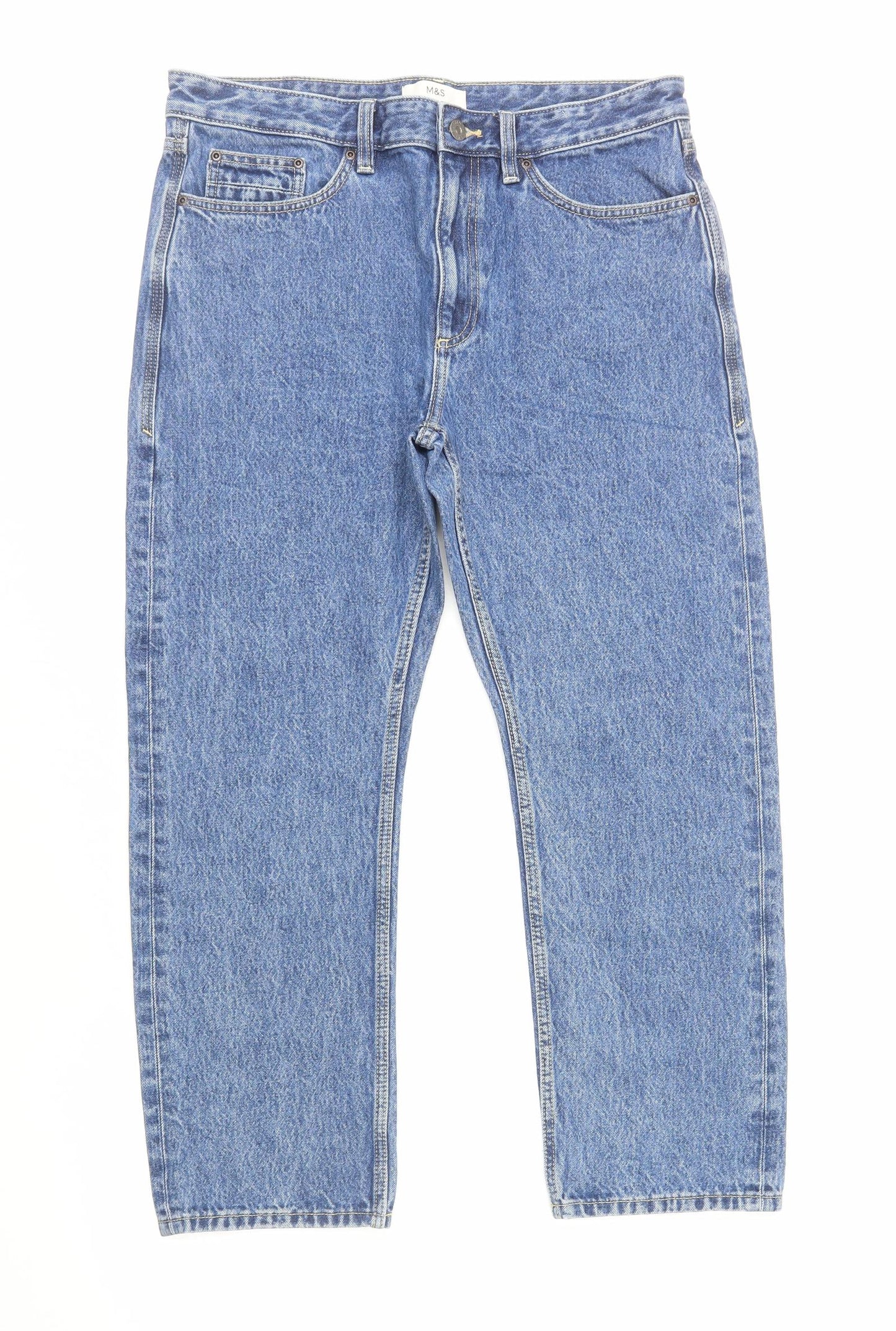 Marks and Spencer Womens Blue Cotton Straight Jeans Size 16 L27 in Regular Zip