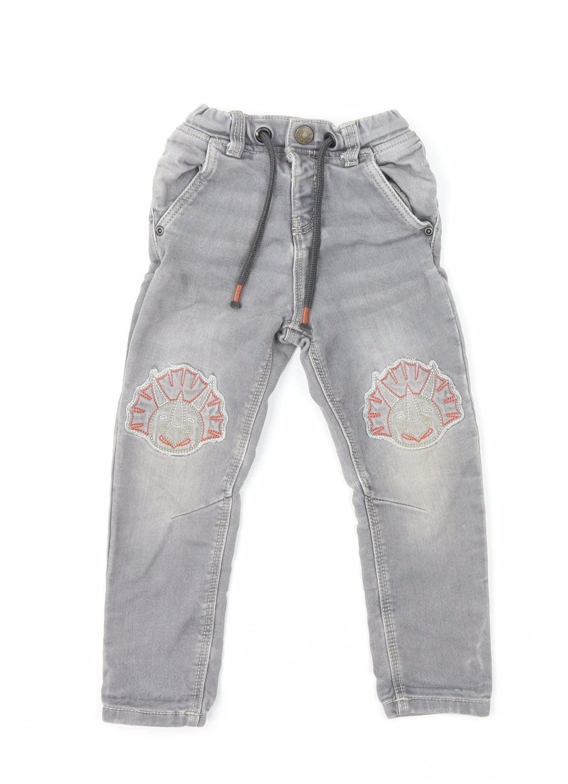 TU Boys Grey Cotton Skinny Jeans Size 3-4 Years Regular Drawstring - Dinosaur Embroidery