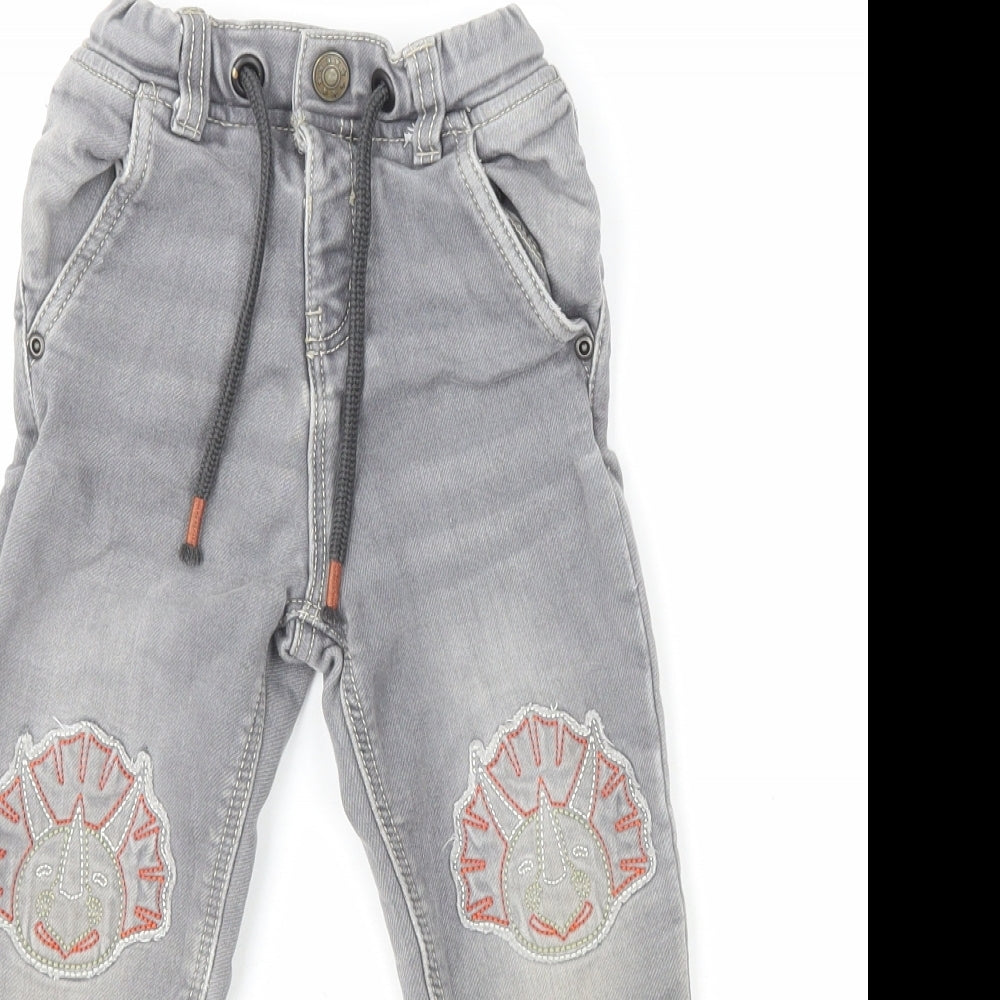 TU Boys Grey Cotton Skinny Jeans Size 3-4 Years Regular Drawstring - Dinosaur Embroidery