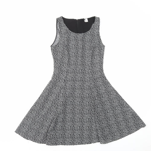 H&M Womens Black Floral Polyester Tank Dress Size 6 Round Neck Zip
