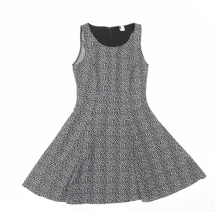 H&M Womens Black Floral Polyester Tank Dress Size 6 Round Neck Zip