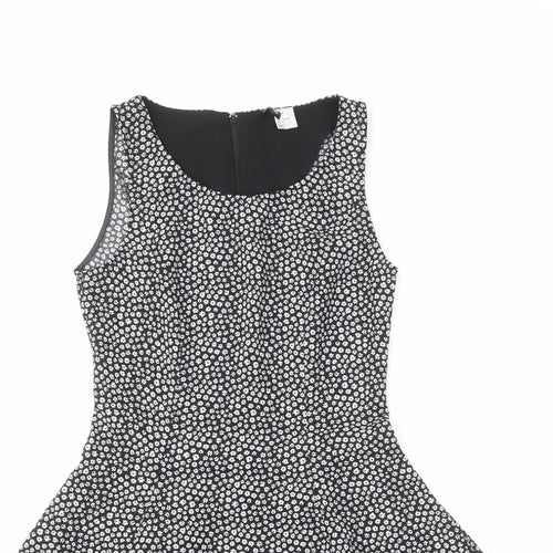 H&M Womens Black Floral Polyester Tank Dress Size 6 Round Neck Zip