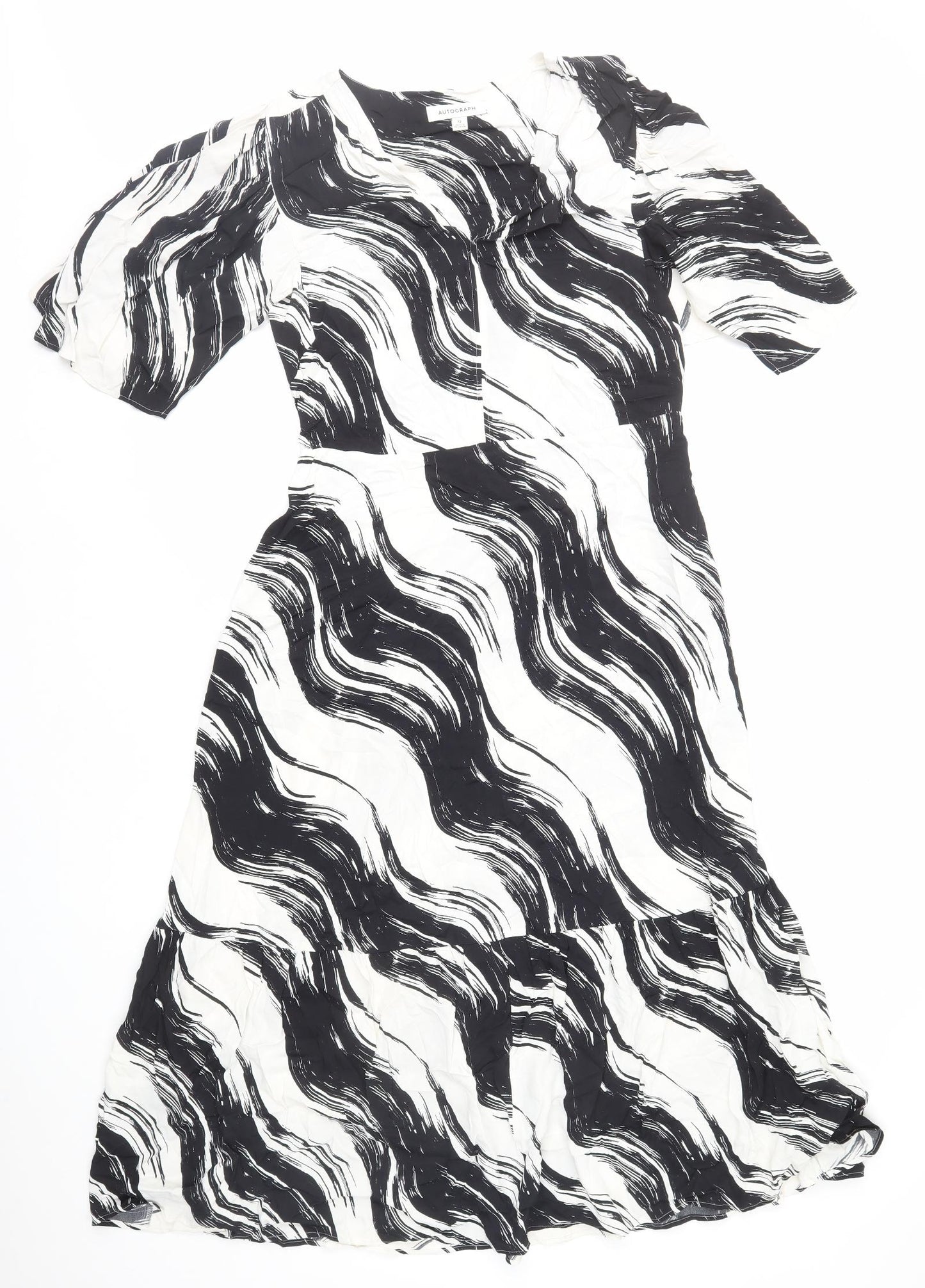 Autograph Womens Black Geometric Viscose A-Line Size 12 V-Neck Zip