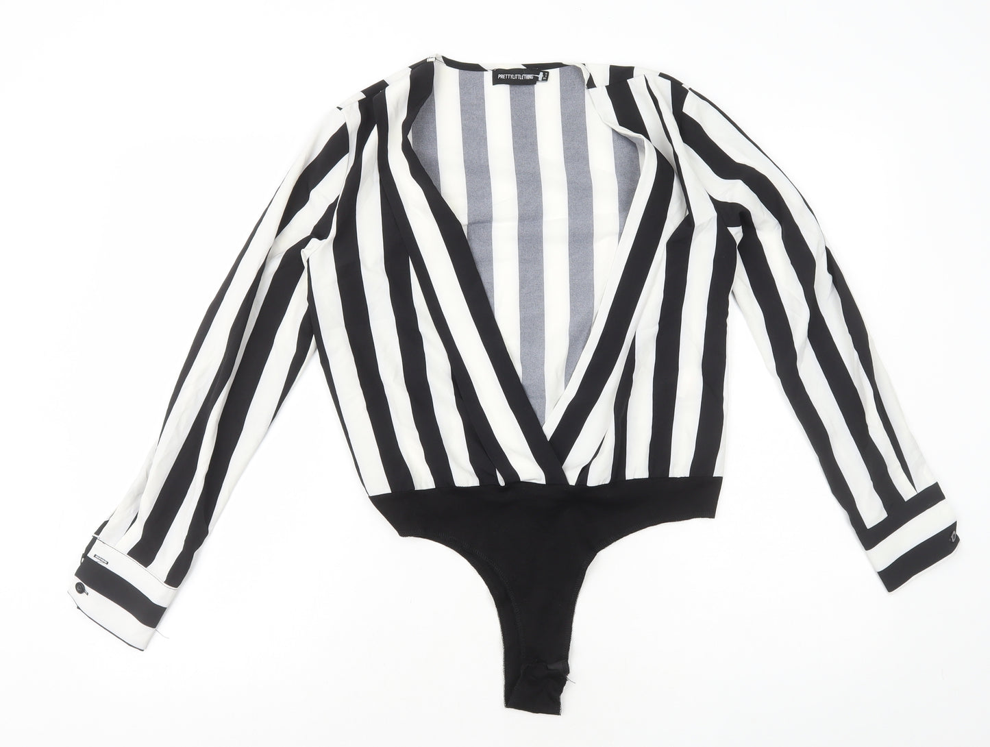 PRETTYLITTLETHING Womens Black Striped Polyester Bodysuit One-Piece Size 8 Snap