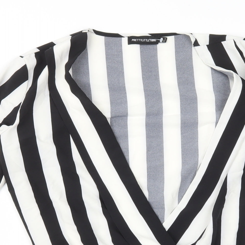 PRETTYLITTLETHING Womens Black Striped Polyester Bodysuit One-Piece Size 8 Snap