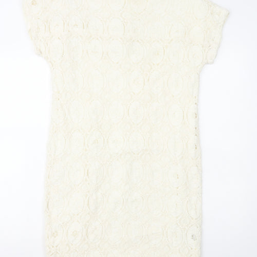 Oui Womens White Geometric Polyamide Shift Size 12 Round Neck Zip - Lace Overlay