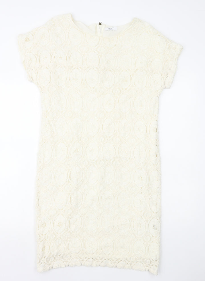 Oui Womens White Geometric Polyamide Shift Size 12 Round Neck Zip - Lace Overlay