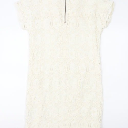 Oui Womens White Geometric Polyamide Shift Size 12 Round Neck Zip - Lace Overlay