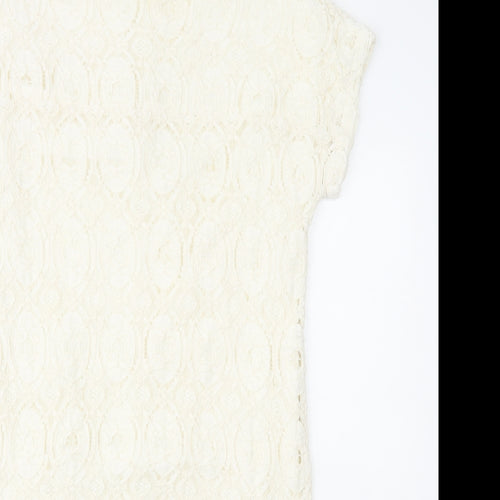 Oui Womens White Geometric Polyamide Shift Size 12 Round Neck Zip - Lace Overlay