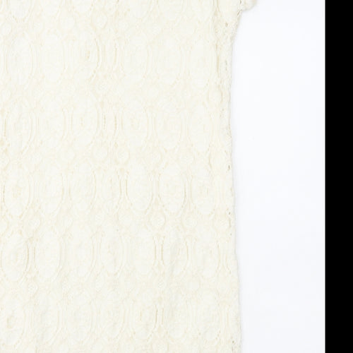 Oui Womens White Geometric Polyamide Shift Size 12 Round Neck Zip - Lace Overlay