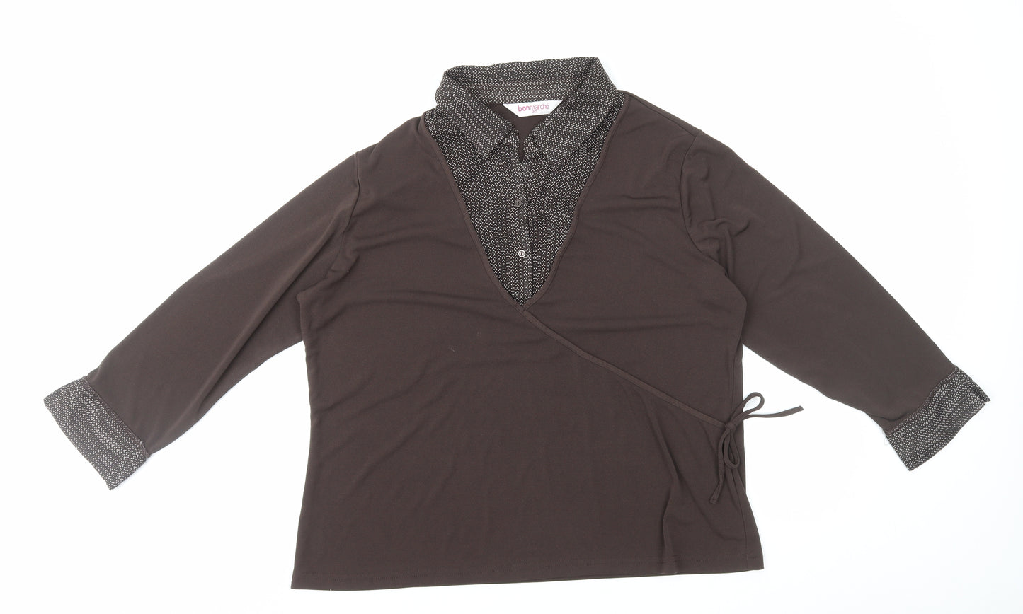 Bonmarché Womens Brown Polka Dot Polyester Basic Blouse Size 20 Collared