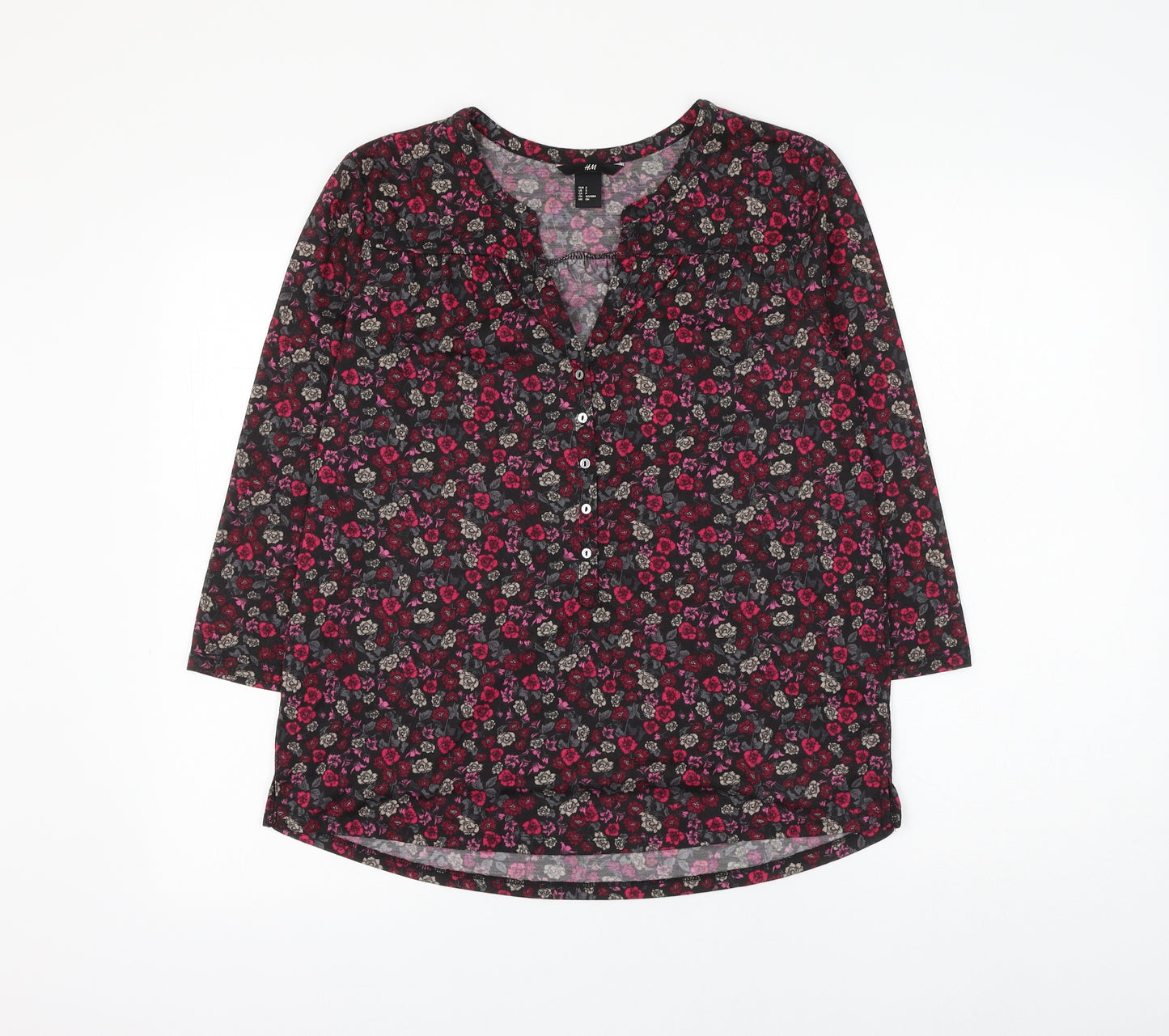 H&M Womens Black Floral Polyester Basic Blouse Size S V-Neck