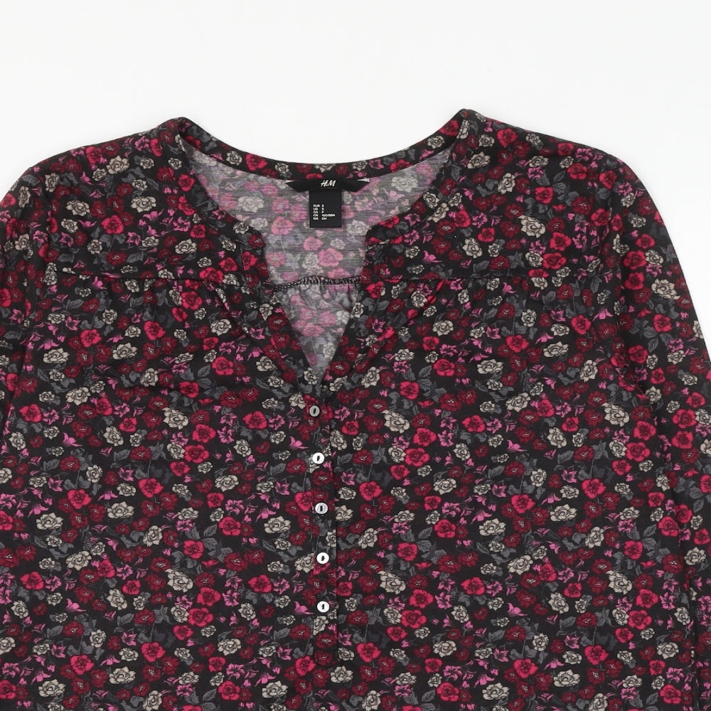 H&M Womens Black Floral Polyester Basic Blouse Size S V-Neck