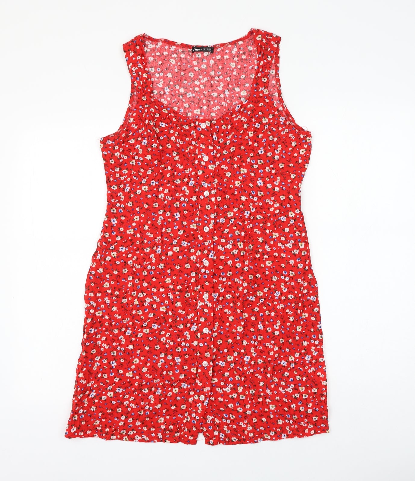 SheIn Womens Red Floral Viscose Shirt Dress Size M Round Neck Button