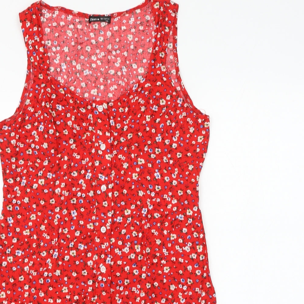 SheIn Womens Red Floral Viscose Shirt Dress Size M Round Neck Button