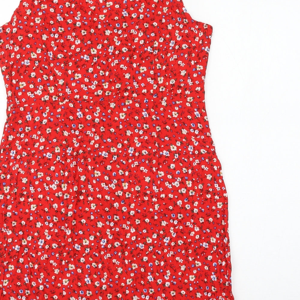 SheIn Womens Red Floral Viscose Shirt Dress Size M Round Neck Button