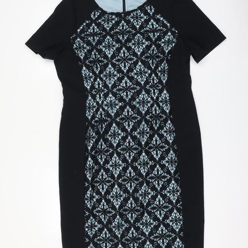 Planet Womens Black Geometric Polyester Shift Size 14 Round Neck Zip