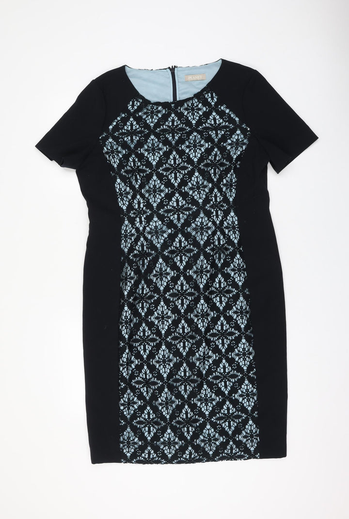 Planet Womens Black Geometric Polyester Shift Size 14 Round Neck Zip