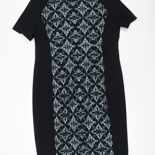 Planet Womens Black Geometric Polyester Shift Size 14 Round Neck Zip