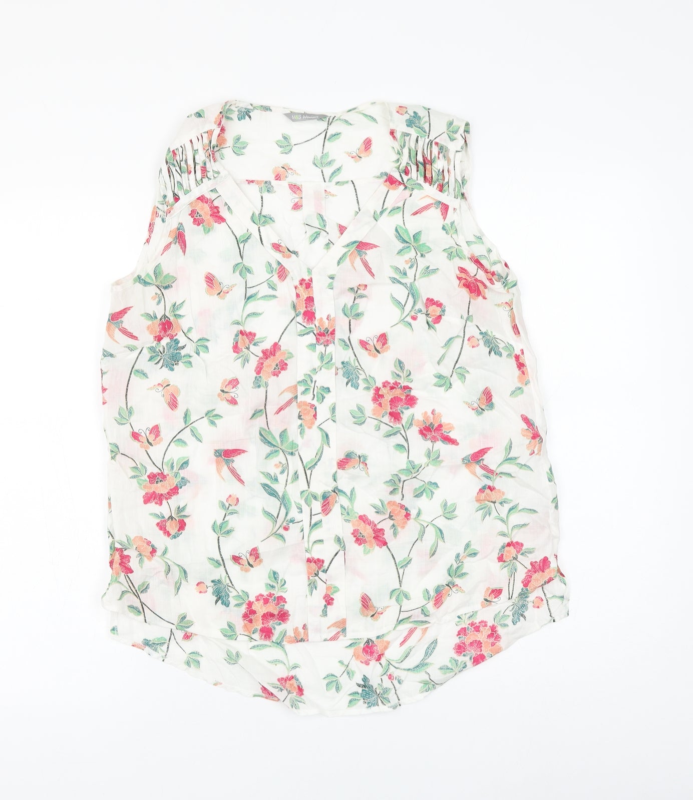 Marks and Spencer Womens White Floral Ramie Basic Blouse Size 12 V-Neck