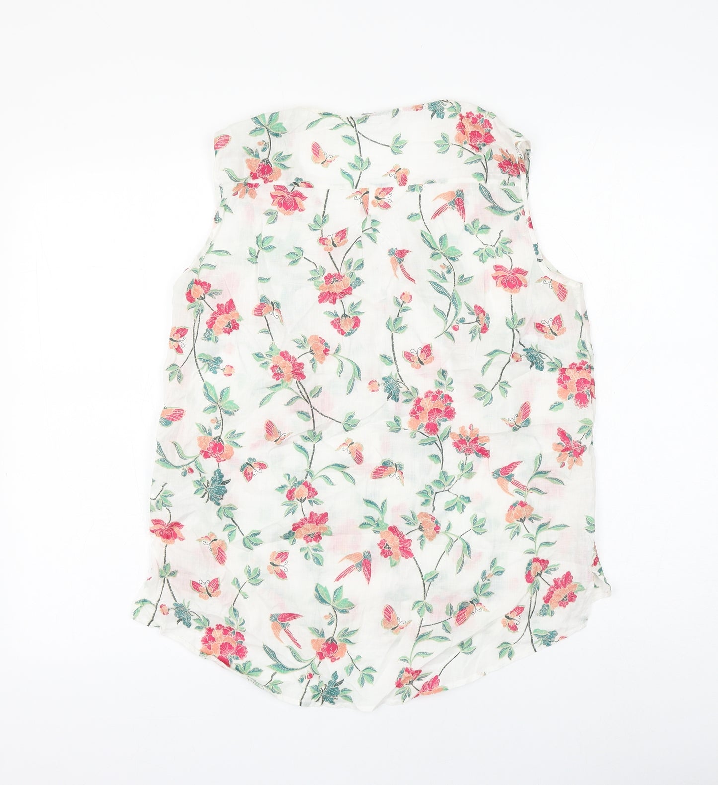 Marks and Spencer Womens White Floral Ramie Basic Blouse Size 12 V-Neck