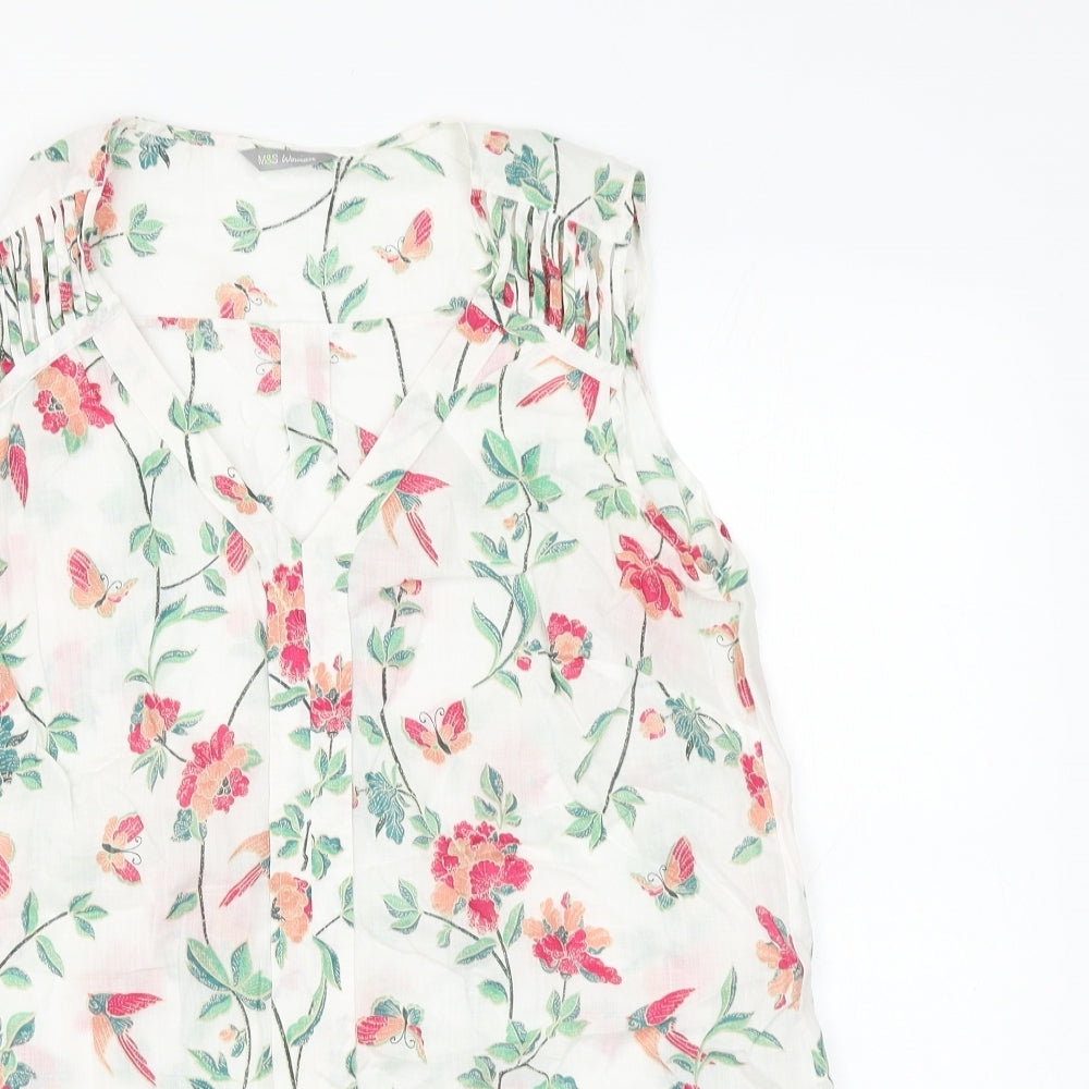 Marks and Spencer Womens White Floral Ramie Basic Blouse Size 12 V-Neck