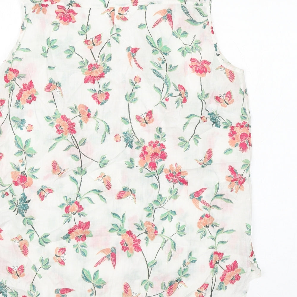 Marks and Spencer Womens White Floral Ramie Basic Blouse Size 12 V-Neck