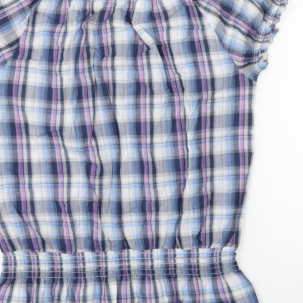 Wallis Womens Blue Plaid Cotton Basic Blouse Size 12 Round Neck