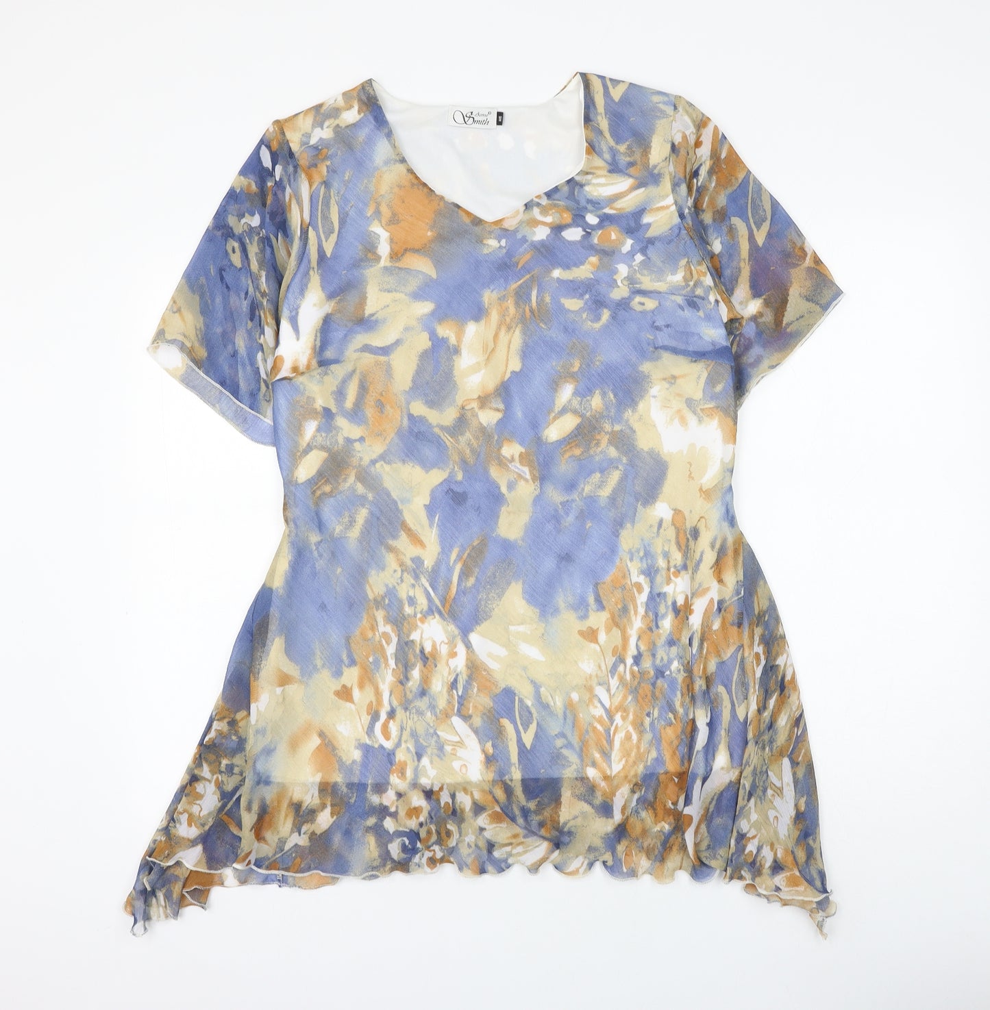 Anne Smith Womens Blue Geometric Polyester Basic Blouse Size 18 Round Neck