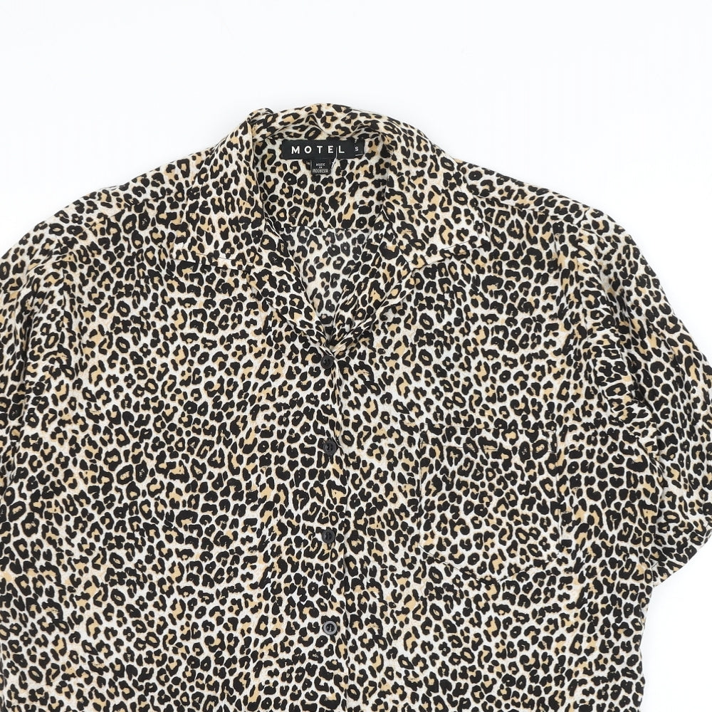 Motel Womens Beige Animal Print Viscose Basic Button-Up Size S Collared - Leopard Print