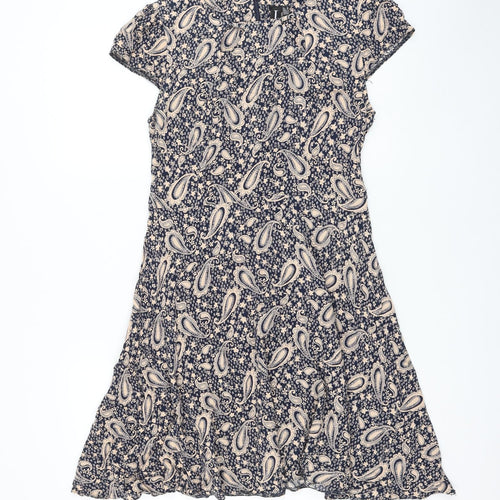 Izabel London Womens Blue Paisley Viscose Skater Dress Size 12 Round Neck Zip