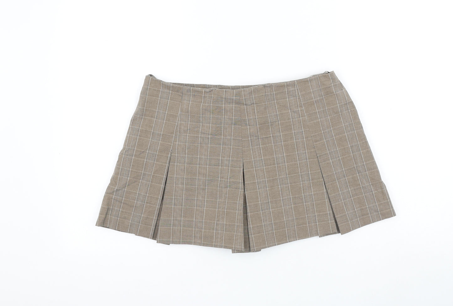 Zara Womens Brown Check Cotton Mini Skort Size M Zip