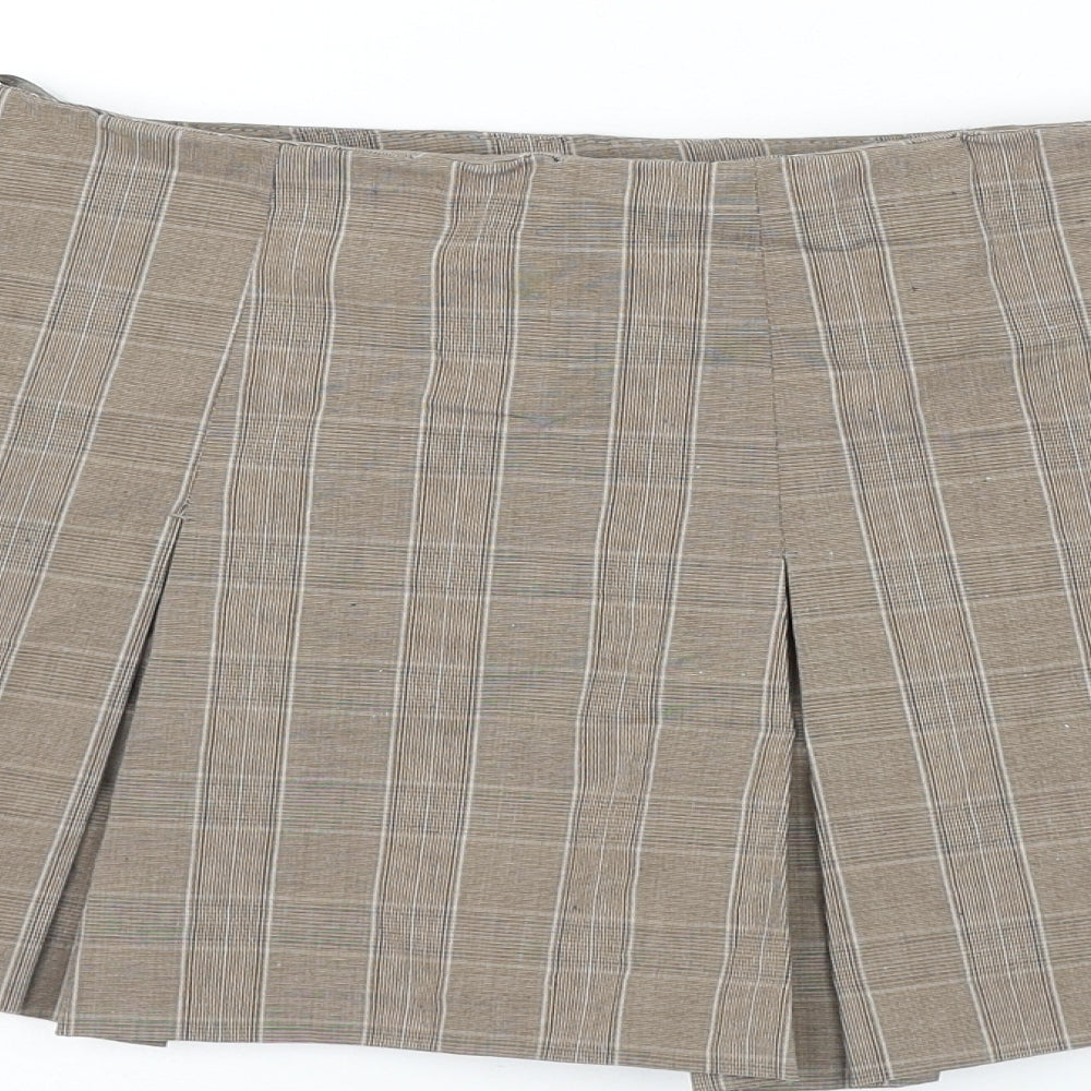 Zara Womens Brown Check Cotton Mini Skort Size M Zip