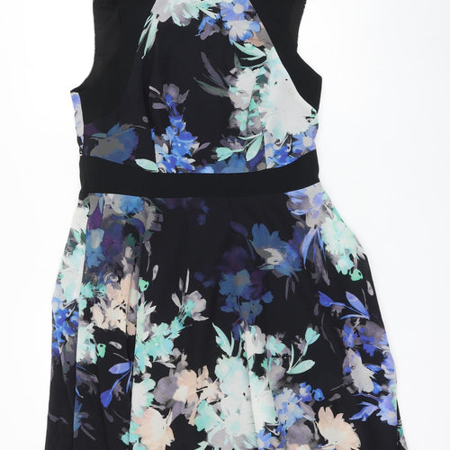 Coast Womens Black Floral Polyester Skater Dress Size 14 Mock Neck Zip