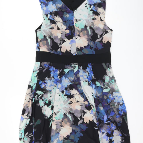 Coast Womens Black Floral Polyester Skater Dress Size 14 Mock Neck Zip