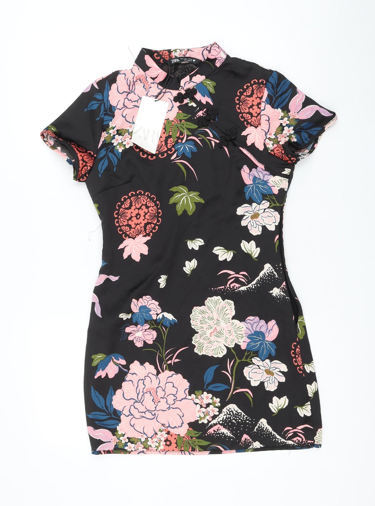 Zara Womens Black Floral Polyester Mini Size S Round Neck Button