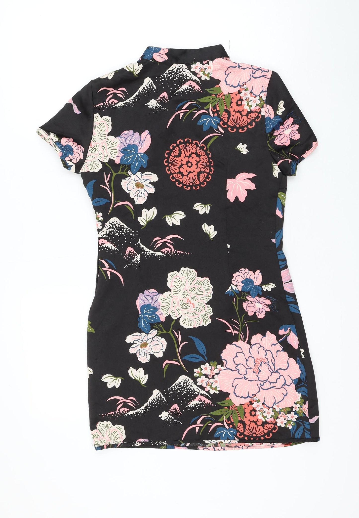 Zara Womens Black Floral Polyester Mini Size S Round Neck Button